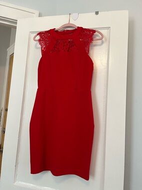Express Red Lace Yoke Sheath Mini Dress